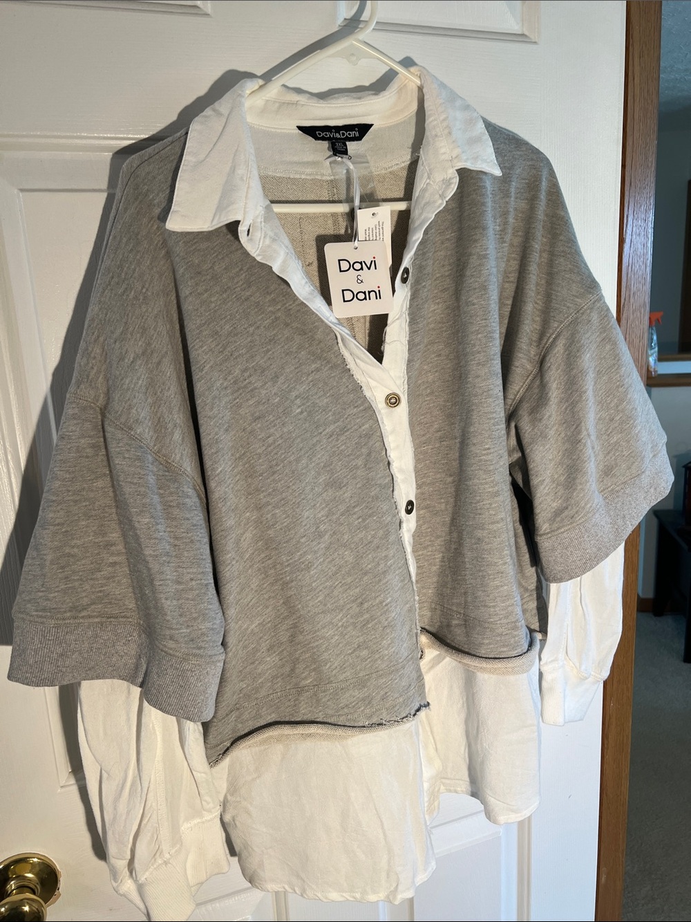 DAVI & DANI Grey and White Layered Button-Front Top